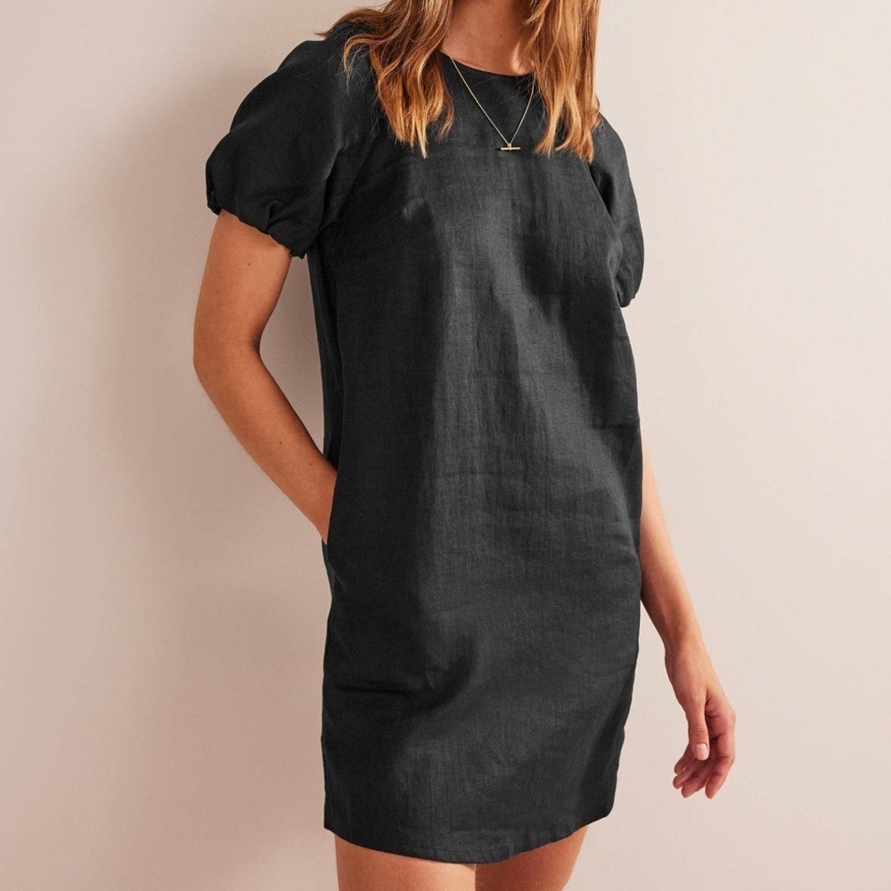 NWT Boden linen Black Puff Sleeve detail mini Dress smocked size 6 TALL